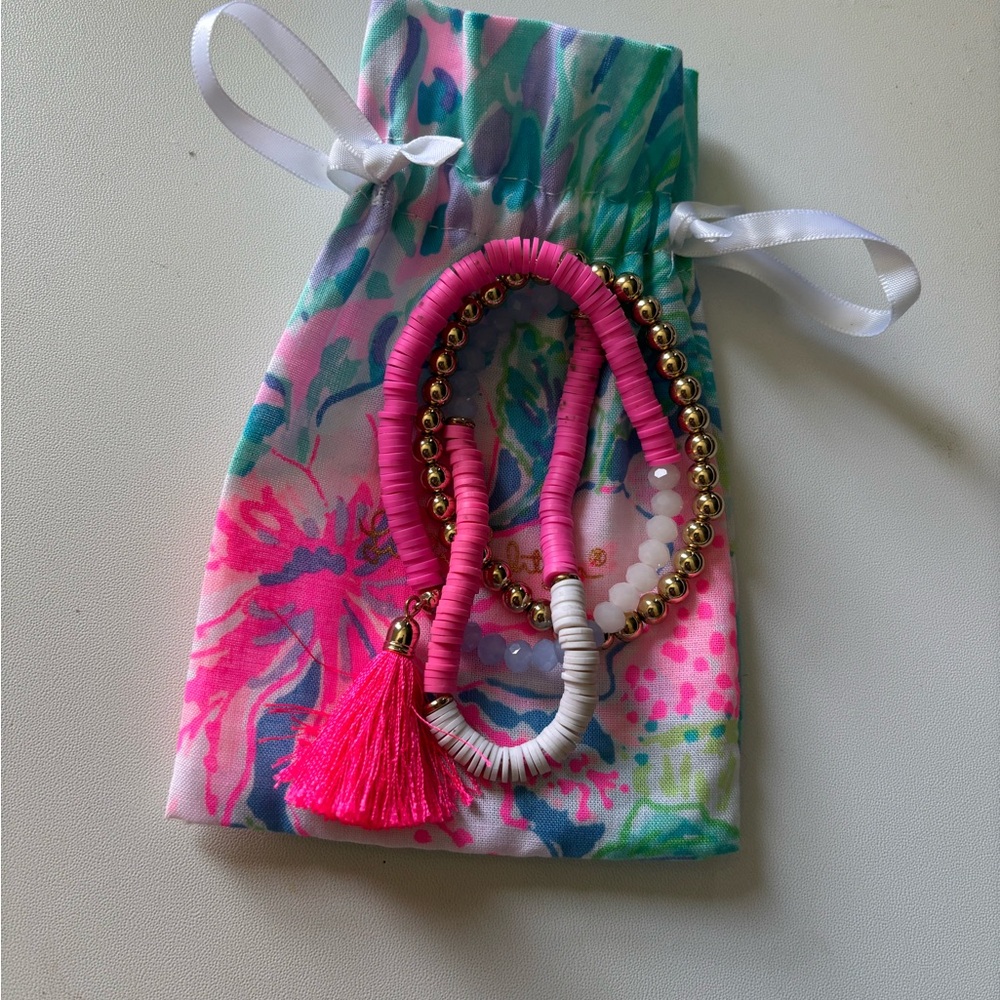 Lilly Pulitzer Hot Pink Tassel & Gold Bead Bracelet Trio